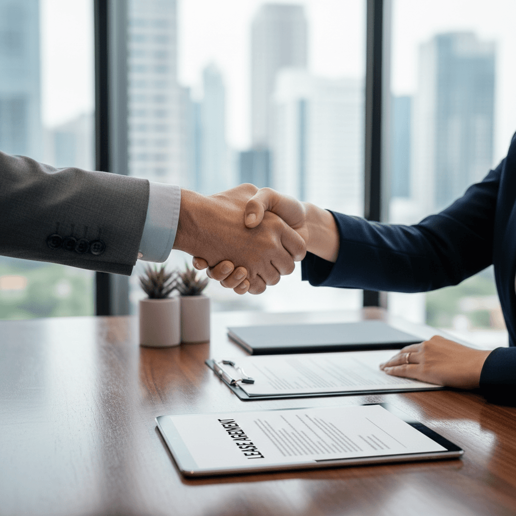Business professionals completing a desk rental transaction