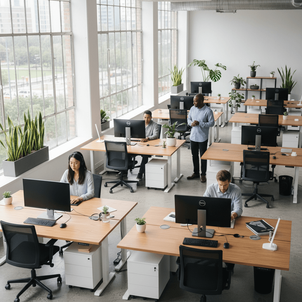 Modern open office with professionals working at desks and empty workspace available