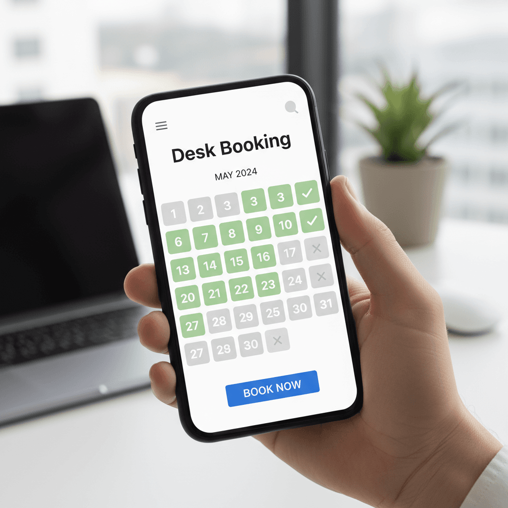 Mobile booking platform displaying available office desks