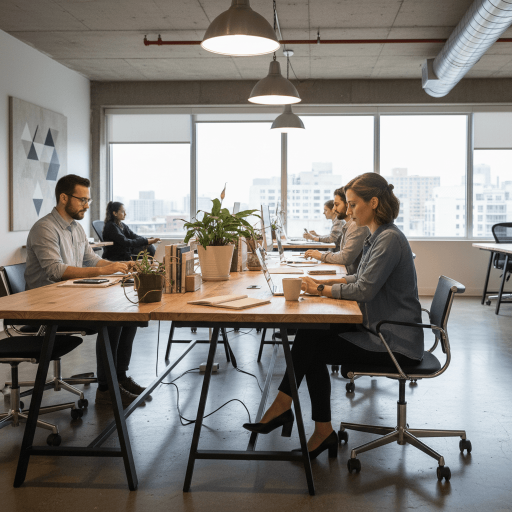 Independent worker focused at a rented desk in shared office space