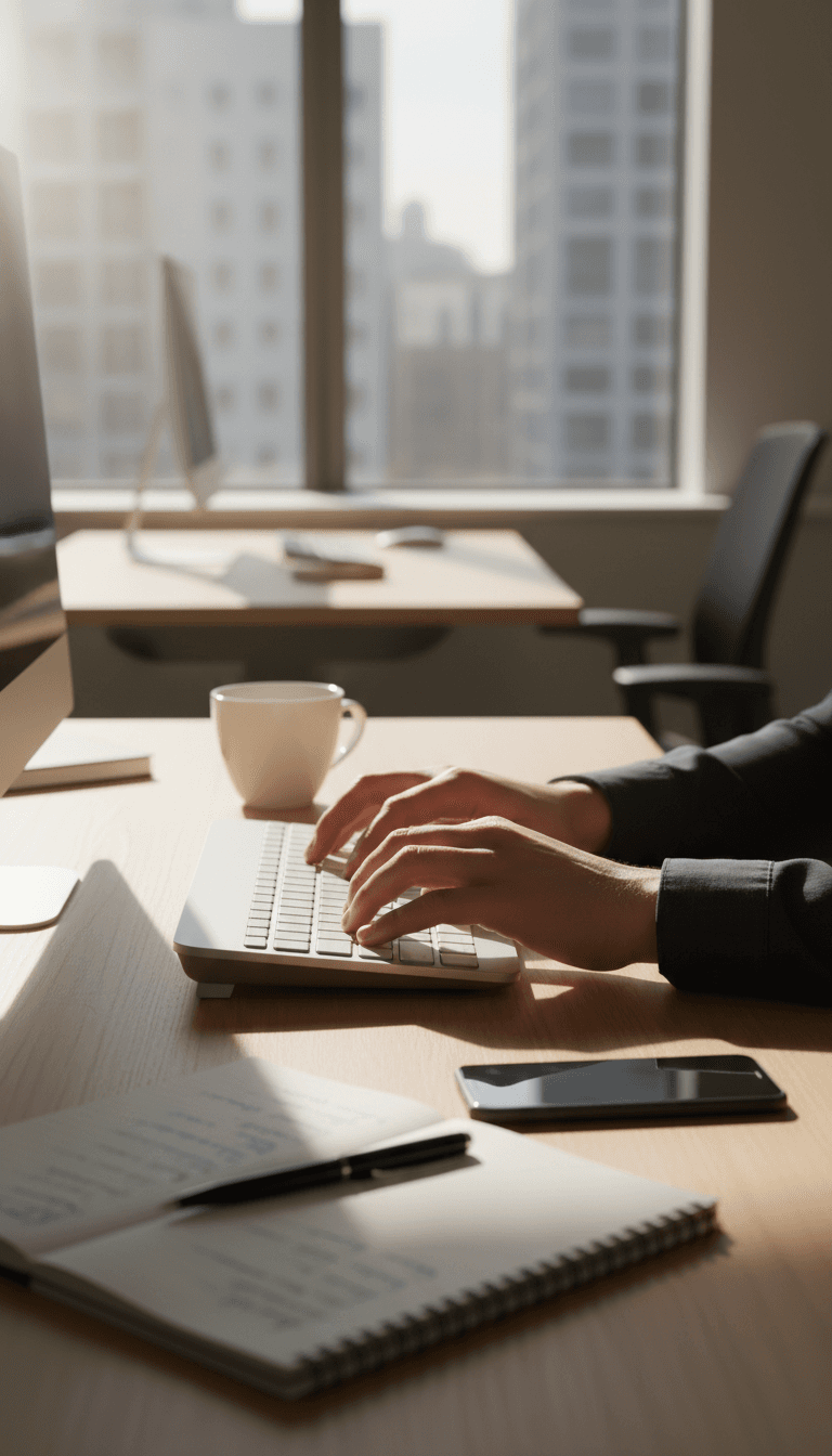 Close-up of professional working at modern desk in bright office environment