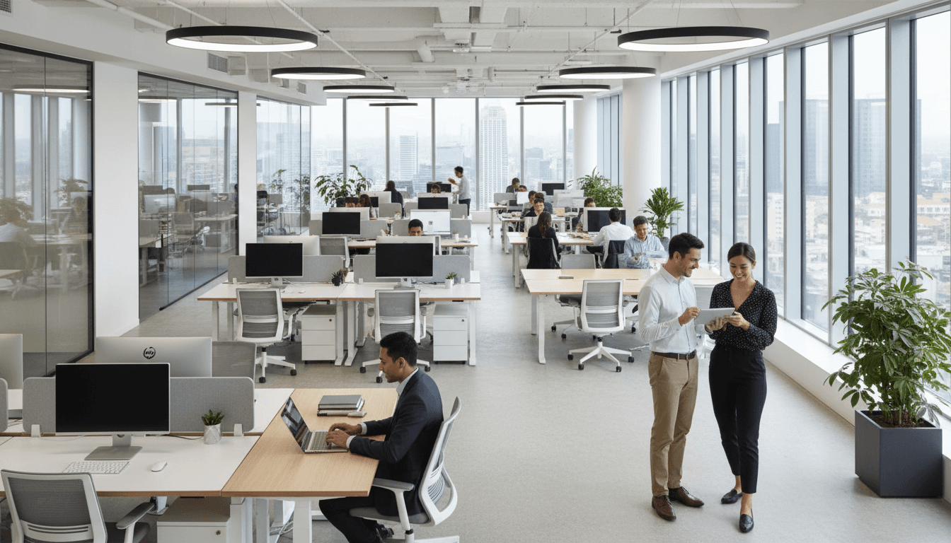 Aerial view of organized shared office desks