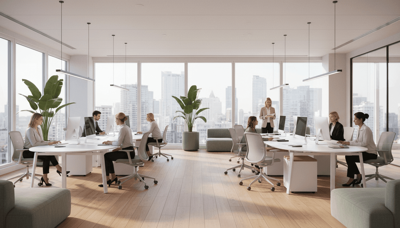 Sunlit empty office desks ready for daily rental