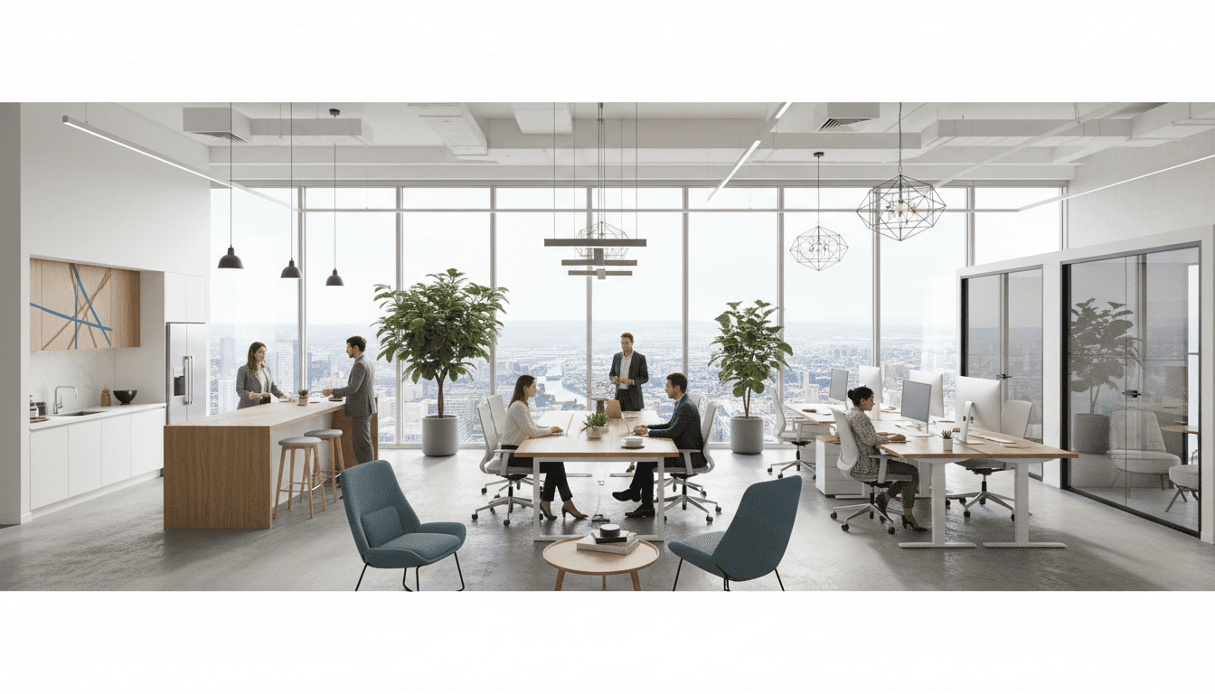 Bright modern office space with multiple empty desks ready for daily rental