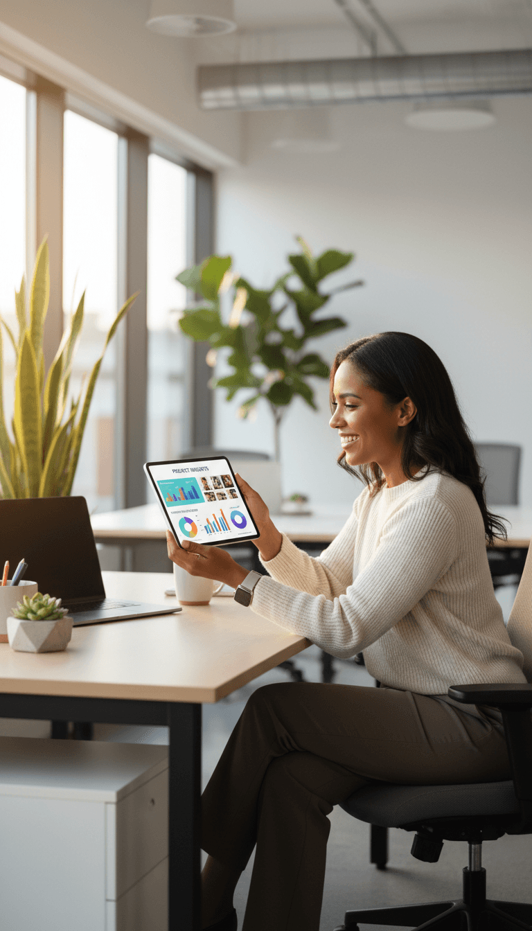 Professional property manager managing desk listings on mobile device